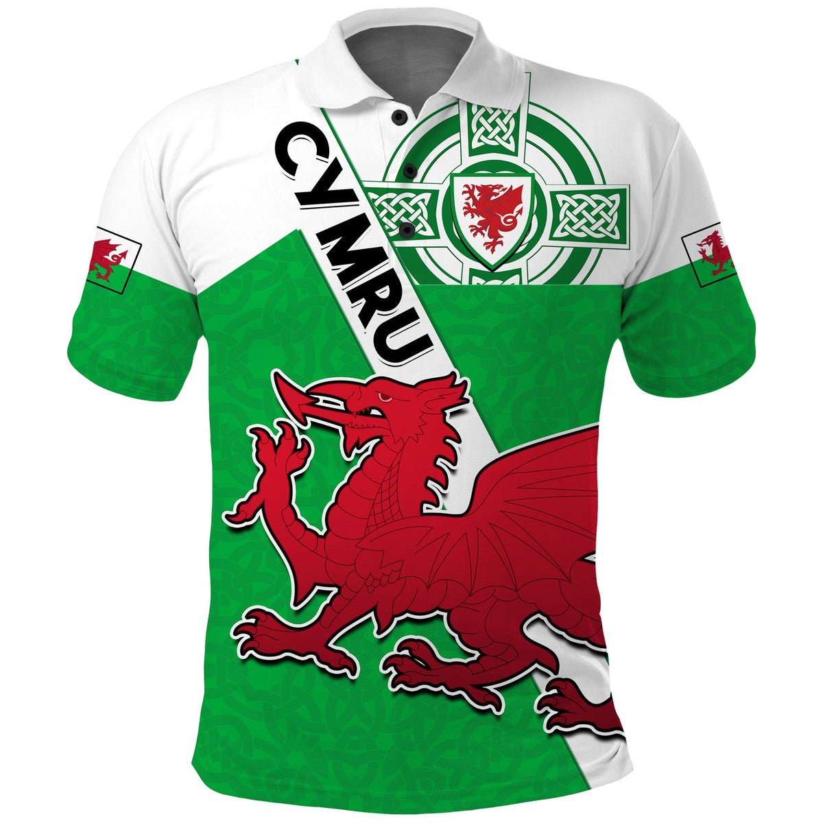 Green Wales football polo shirt with red dragon and Celtic knot graphic, front