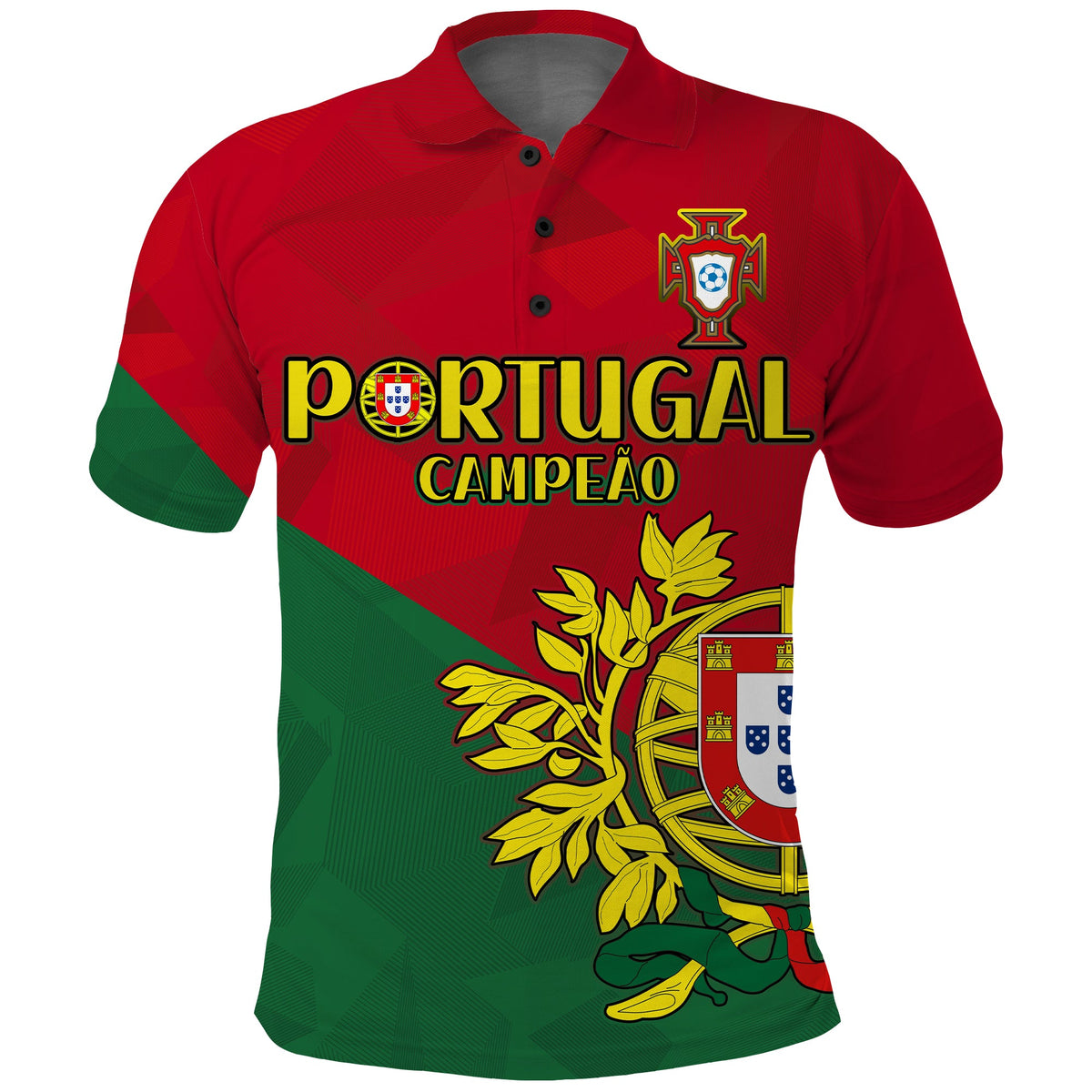 Portugal football polo shirt, red and green, with crest and 'PORTUGAL CAMPEAO' print