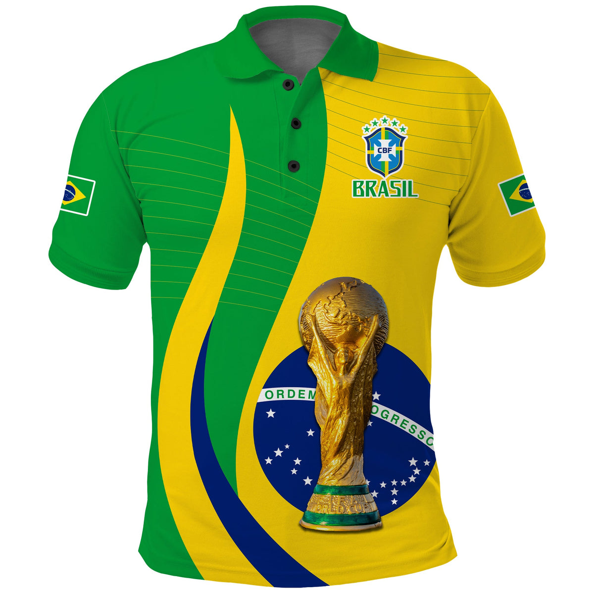 Brazil-style polo shirt with green and yellow half panels, CBF crest, short sleeves