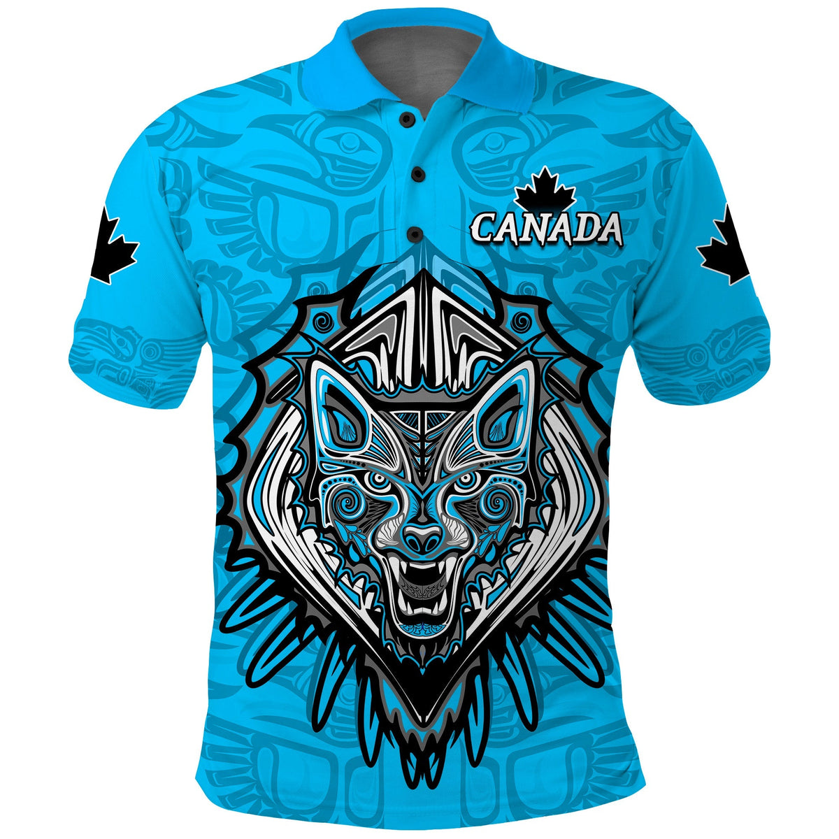 Blue Canada polo shirt with Haida wolf head graphic and Canada wordmark