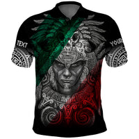 Black polo shirt with green, red, and gray warrior eagle graphic, short sleeves, button placket