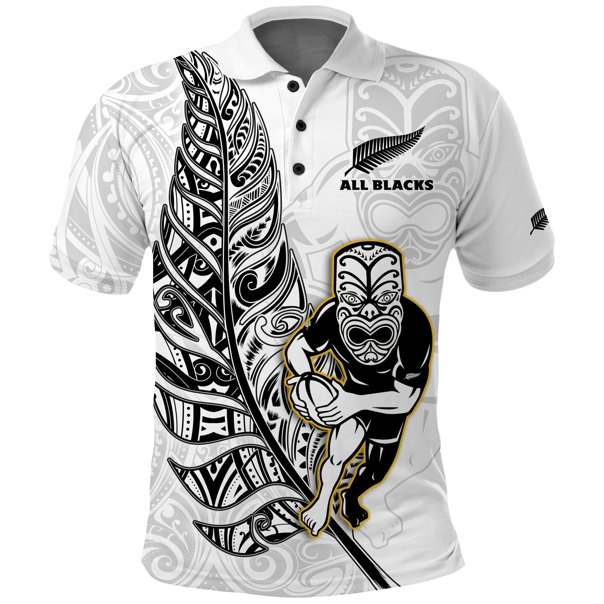 New Zealand 2022 Rugby Polo Shirt All Black Silver Fern Maori Pattern Version White - Wonder Print Shop