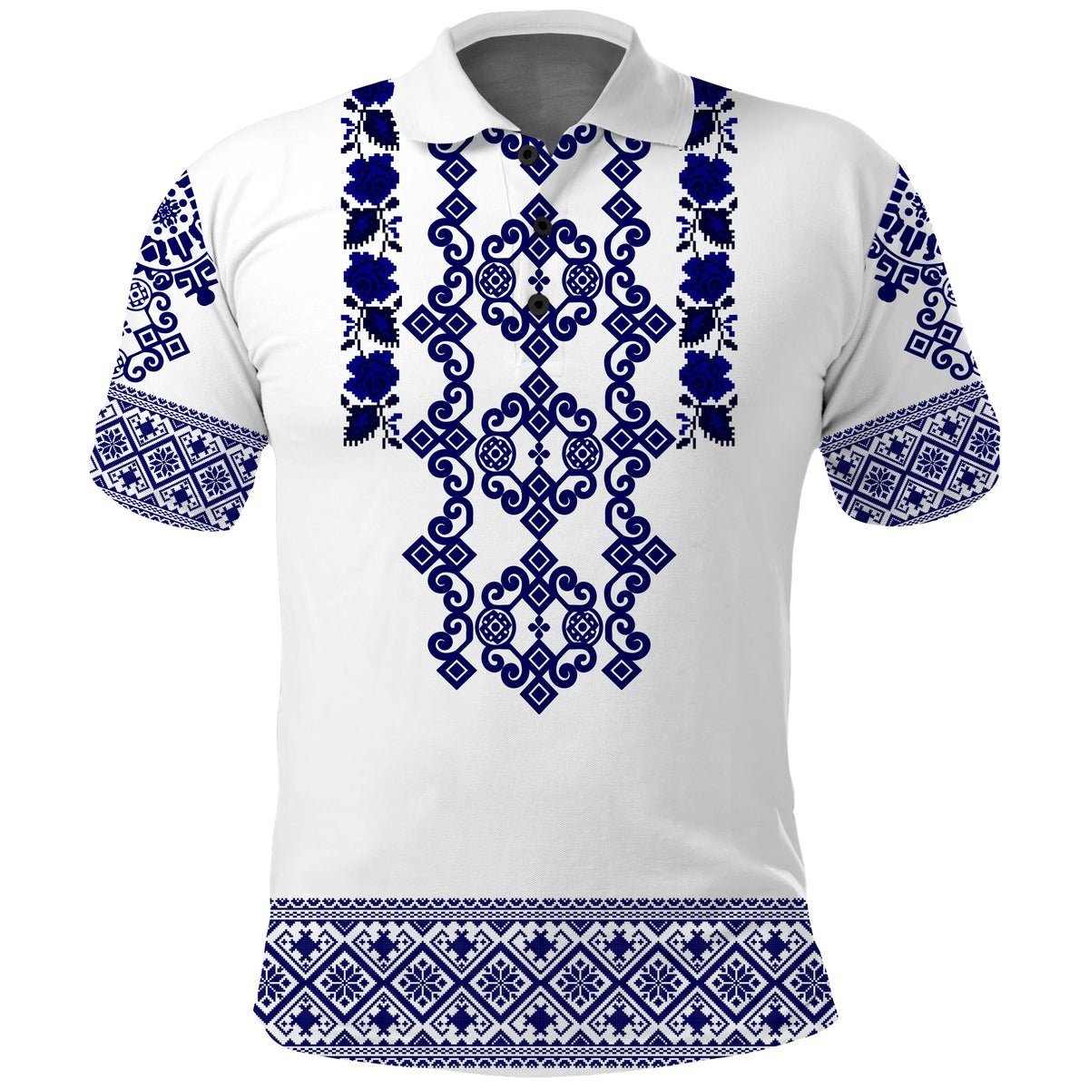 White polo shirt with blue Ukrainian folk pattern at chest and sleeves.