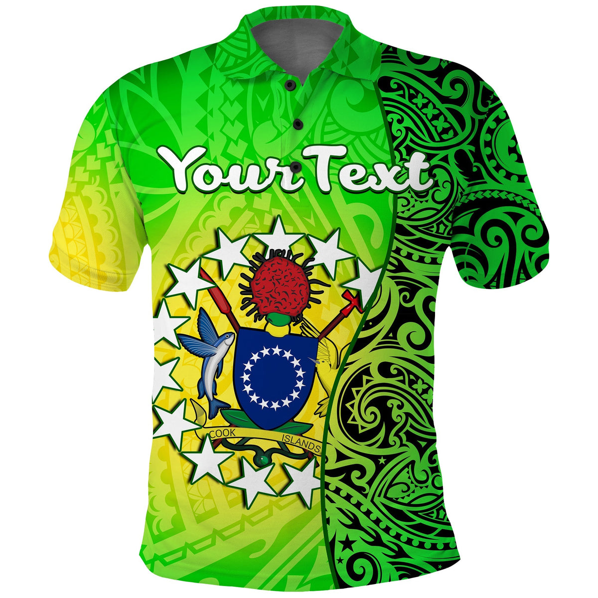 Green polo shirt with Cook Islands crest turtle graphic on front