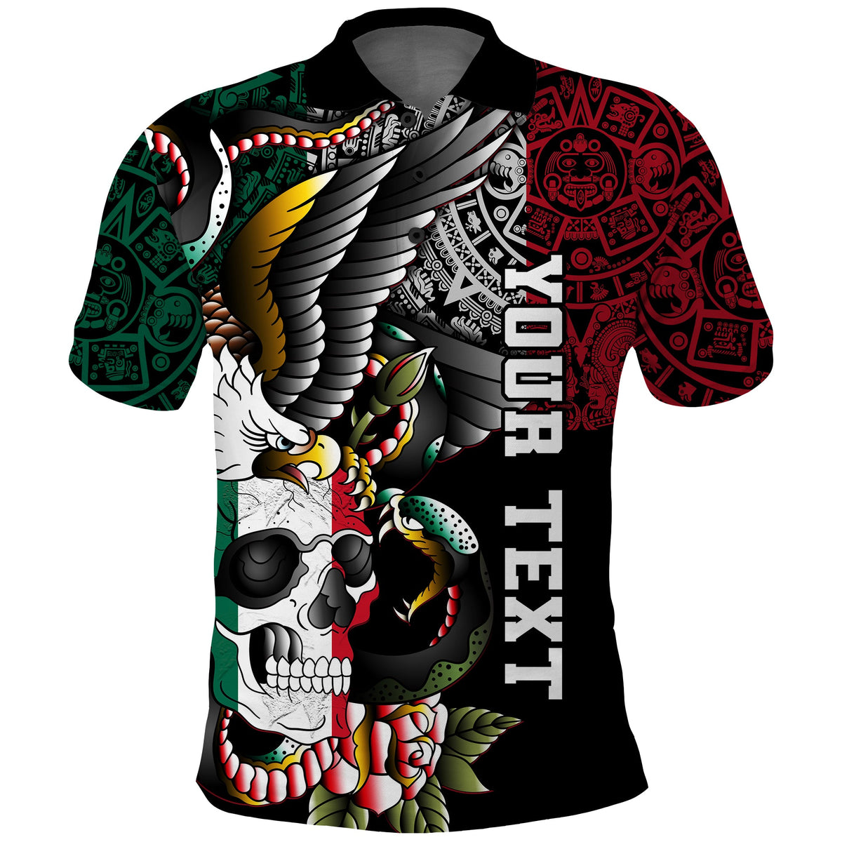 Black polo shirt with colorful skull and snake graphic; short sleeves, button collar
