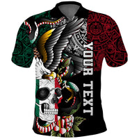 Black polo shirt with colorful skull and snake graphic; short sleeves, button collar