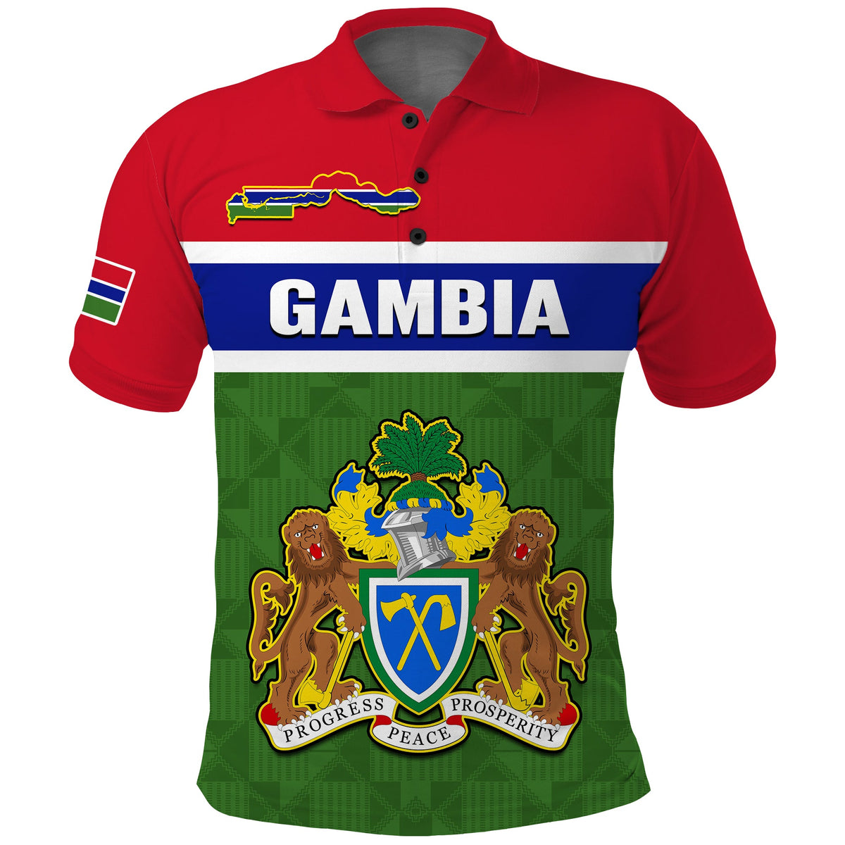 Red polo shirt with Gambia flag panel and crest graphic on the chest