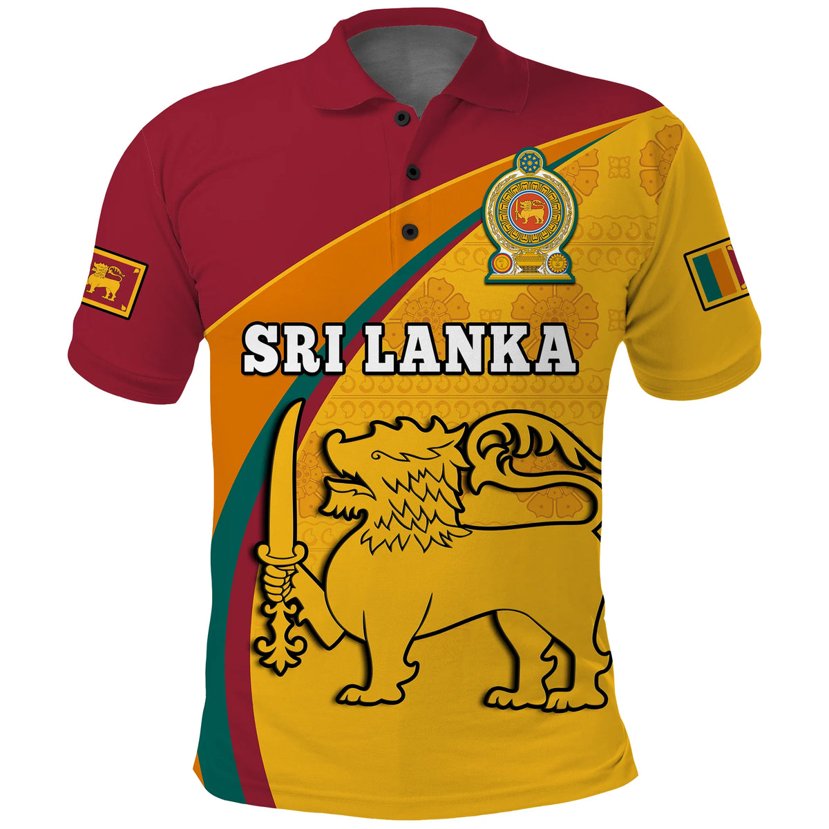 Red/yellow Sri Lanka polo shirt with lion crest, button collar, short sleeves