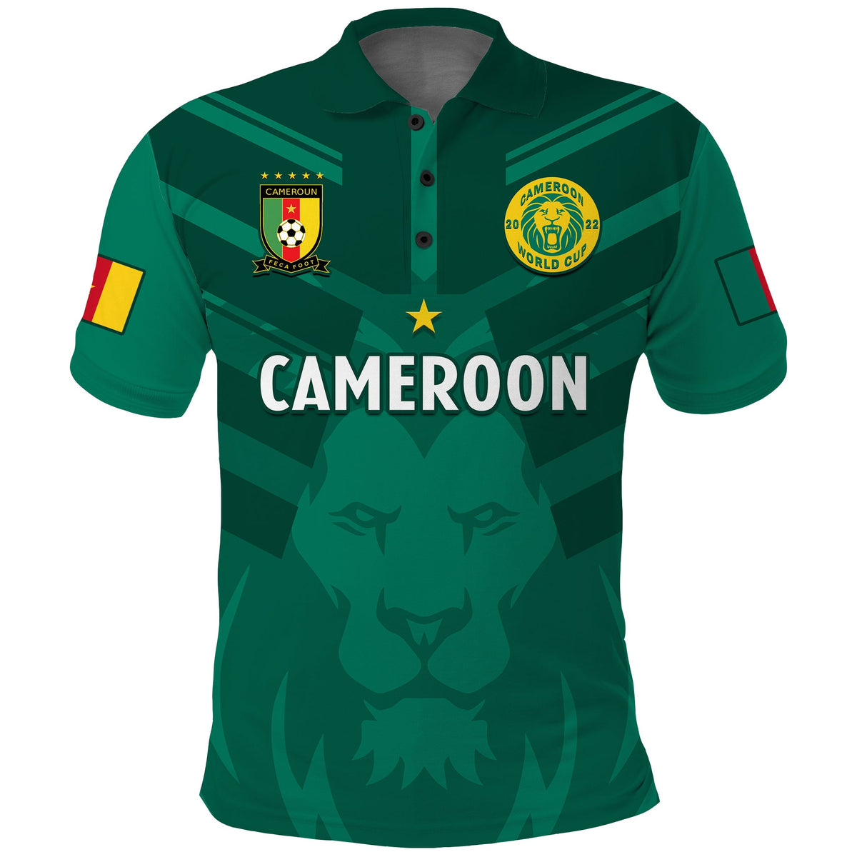 Green Cameroon football polo shirt with CAMEROON front graphic, star and crest