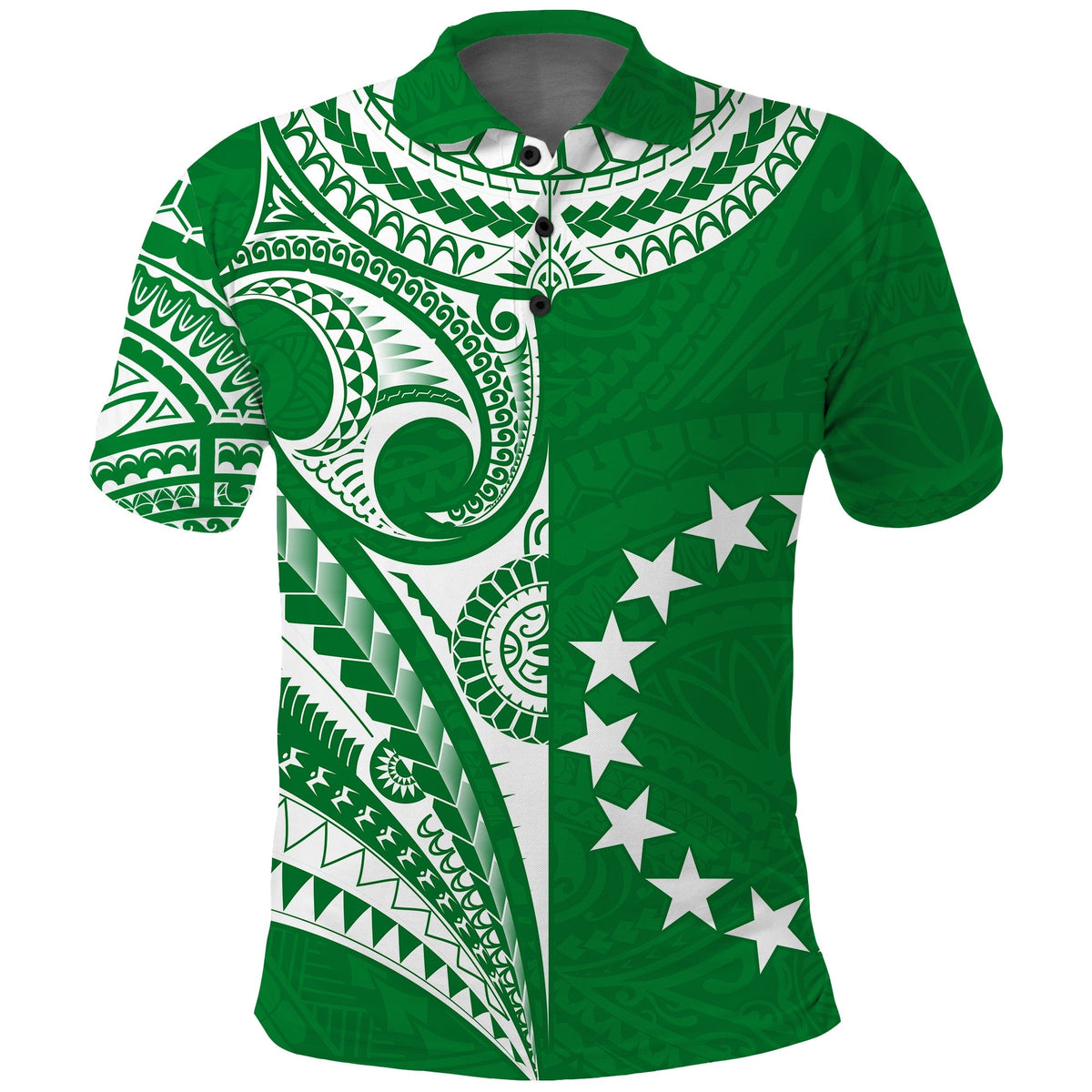 Green polo shirt with white tribal tattoo print and stars on front
