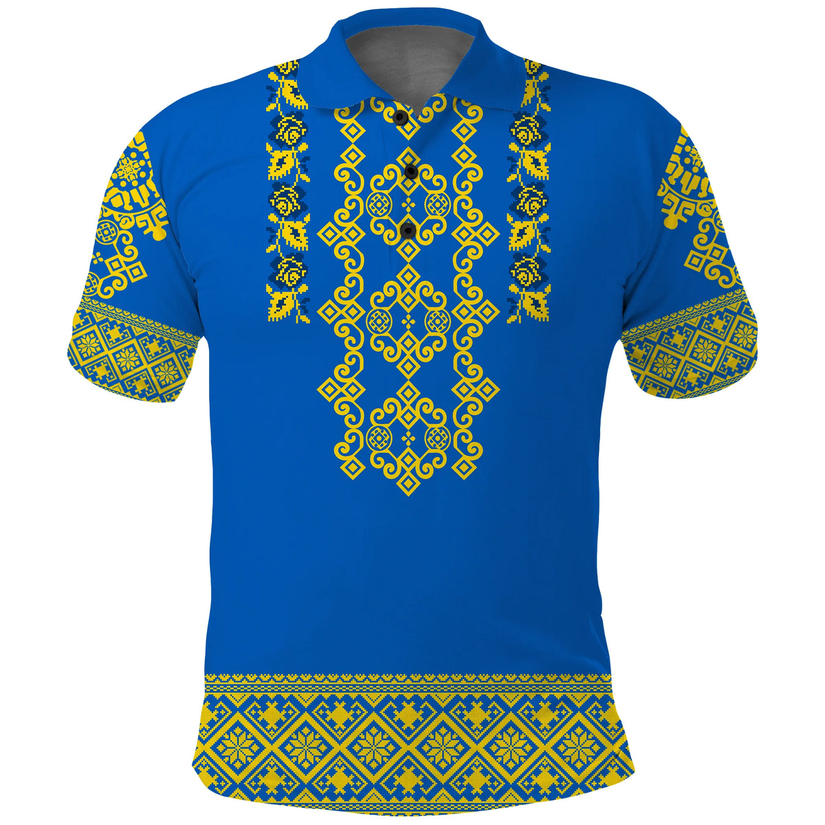 Blue polo shirt with yellow and green folk embroidery, short sleeves and collar