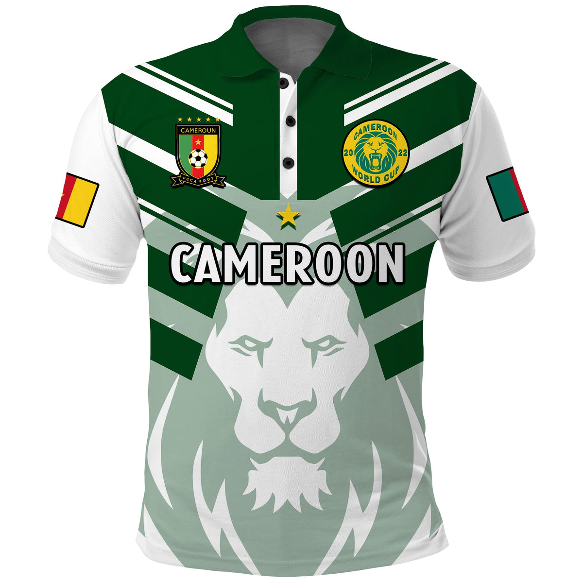 Cameroon football polo shirt, green/white lion crest and CAMEROON print