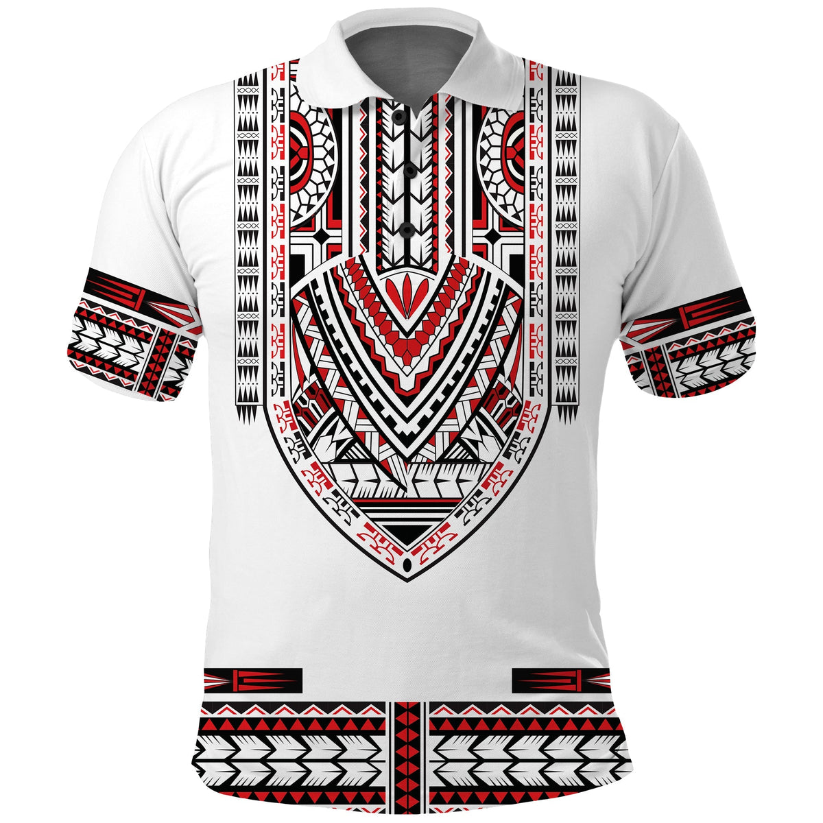 White polo shirt with Polynesian dashiki print, red and black tribal pattern on front