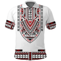 White polo shirt with Polynesian dashiki print, red and black tribal pattern on front