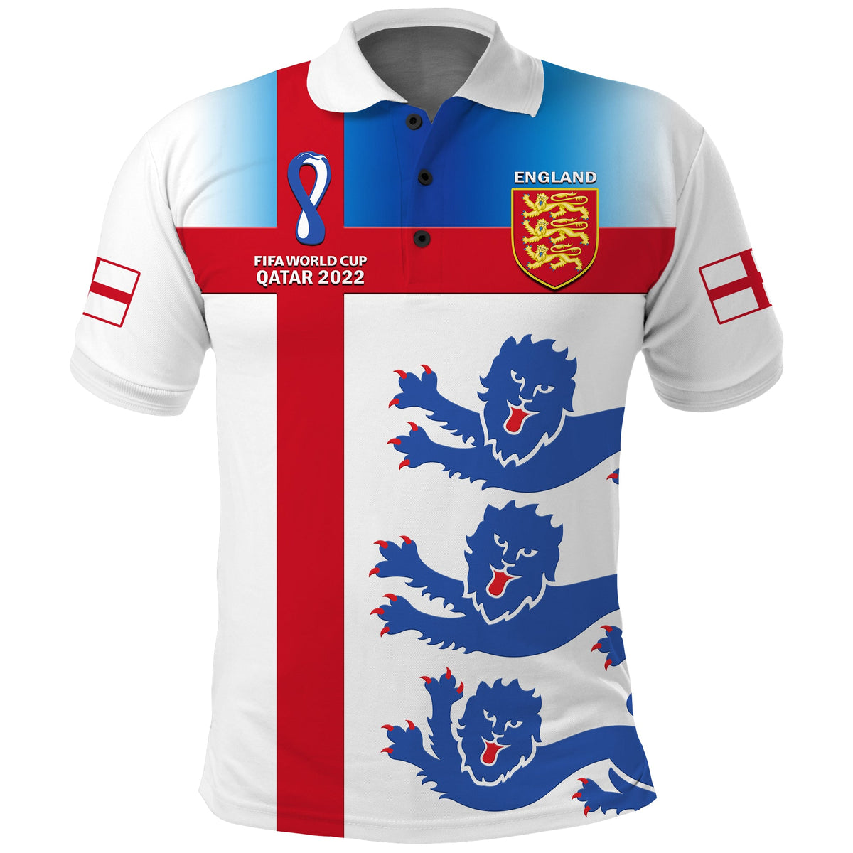 White football polo shirt with England blue-red stripes and lion crest front print