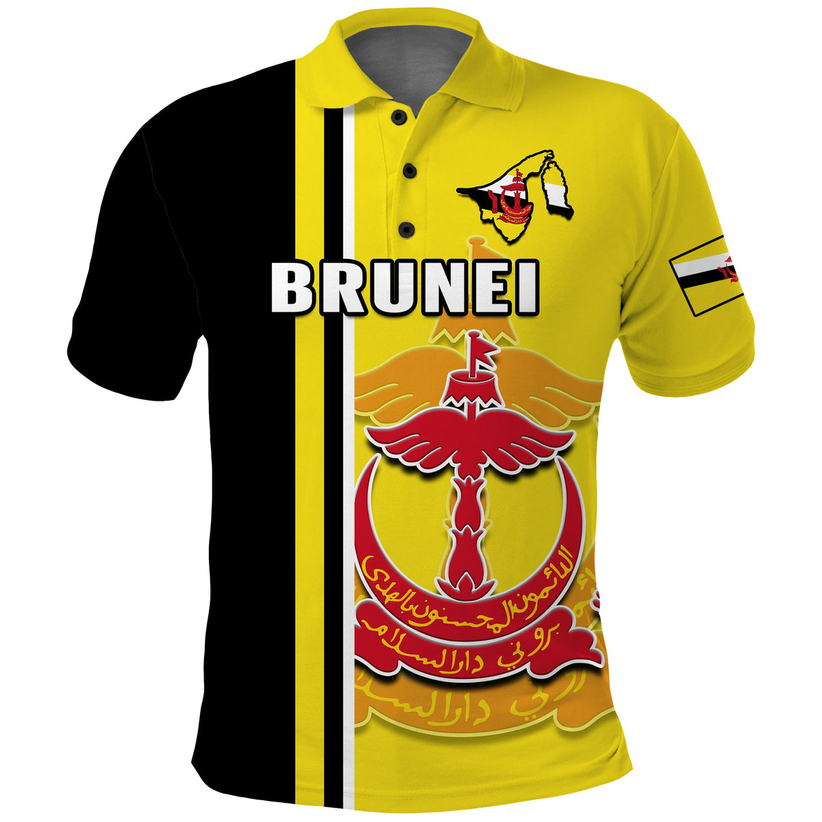Yellow polo shirt with black side stripes, crest and large BRUNEI text on front.