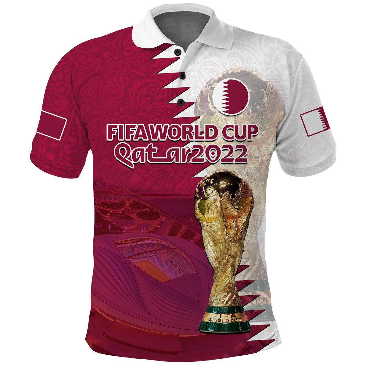 Maroon and white football polo shirt with FIFA World Cup Qatar 2022 graphic and emblem