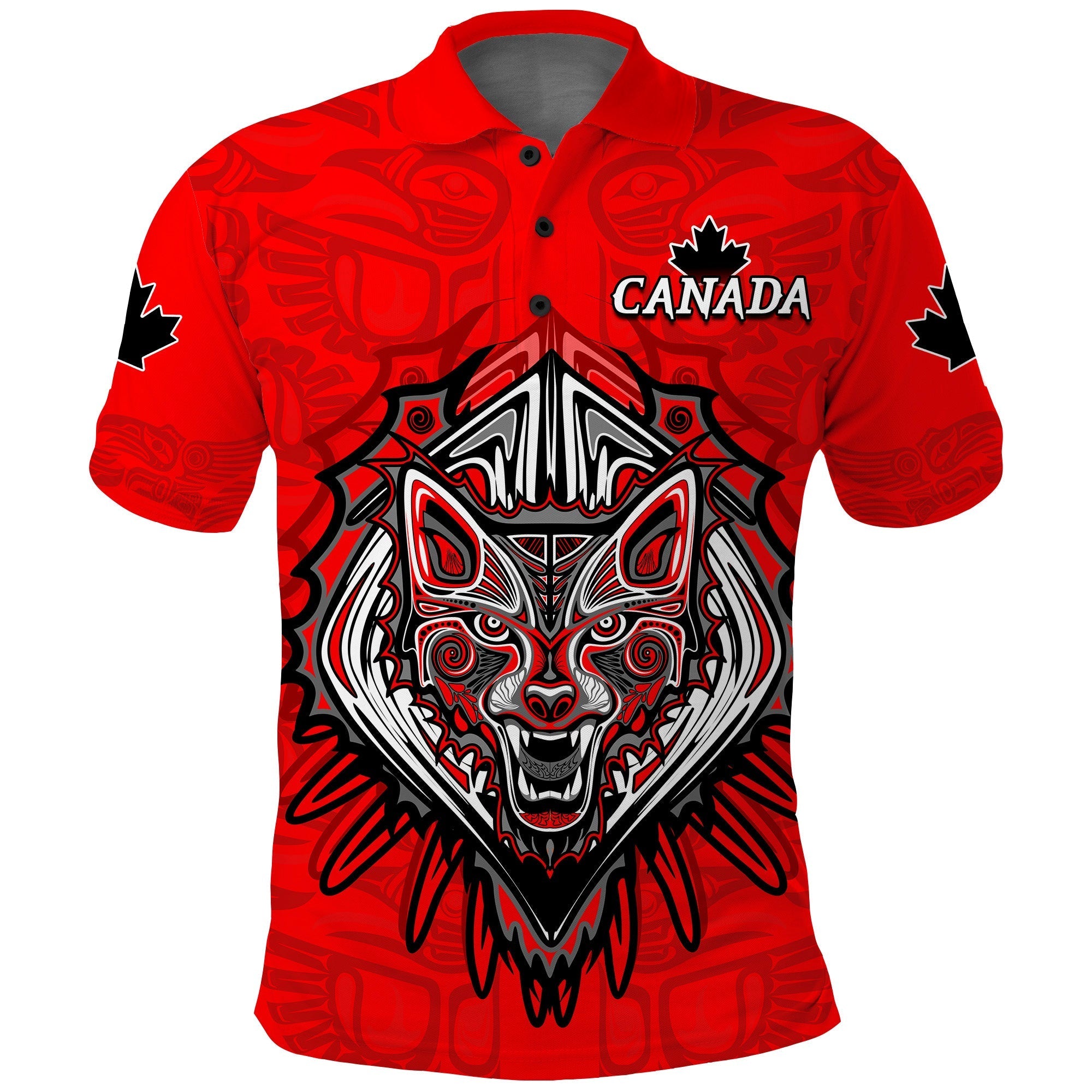 Canada Maple Leaf Polo Shirt Red Haida Wolf LT13 - Wonder Print Shop