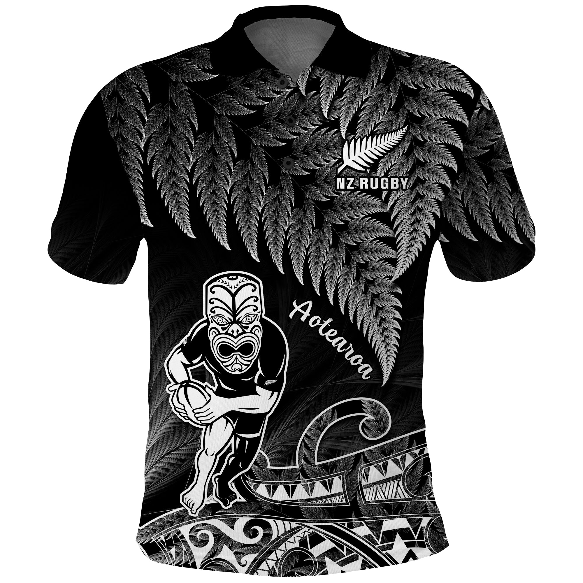 (Custom Text And Number) New Zealand Silver Fern Rugby Polo Shirt All Black Koru Maori - Wonder Print Shop