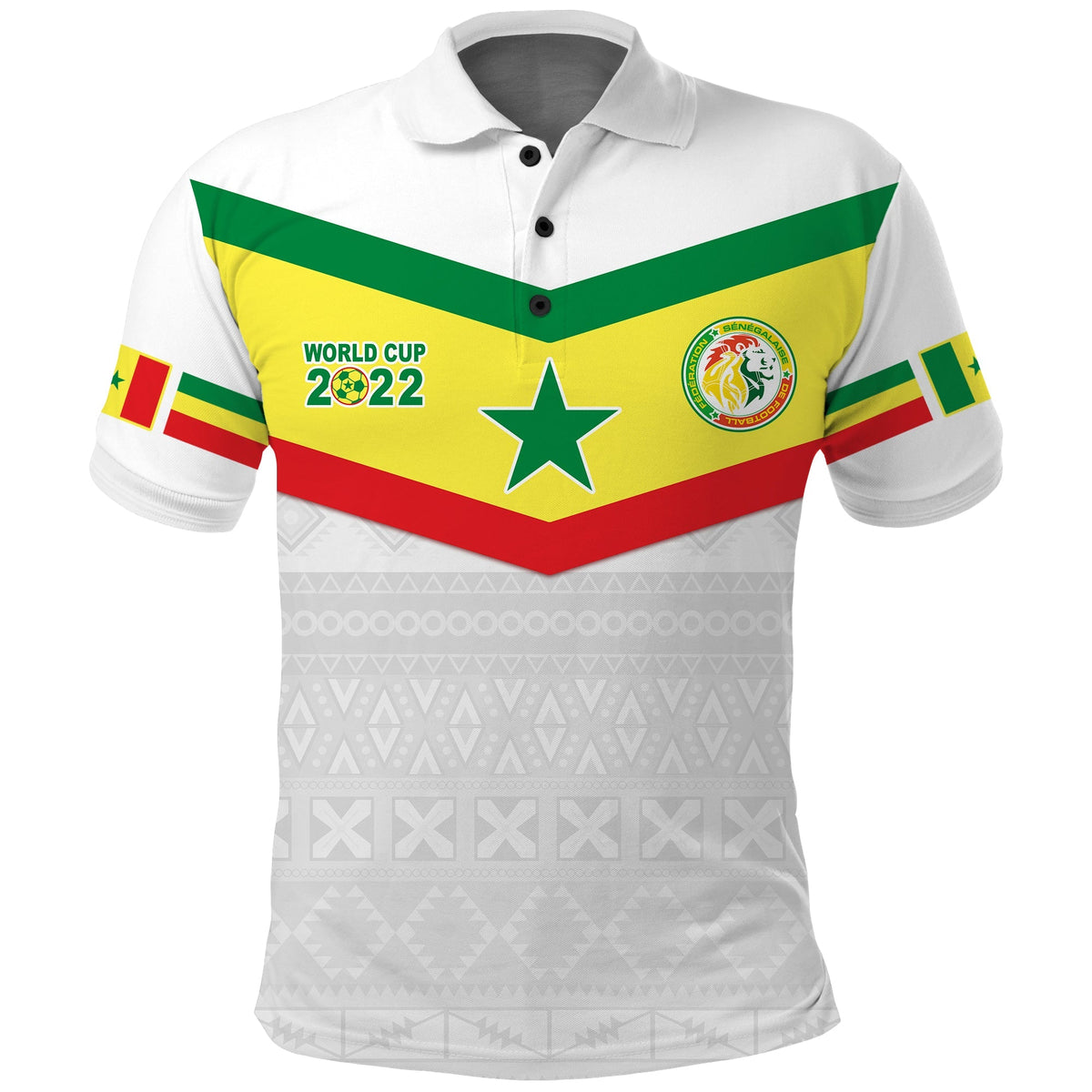 White Senegal polo: 2022 World Cup star and flag trim on front