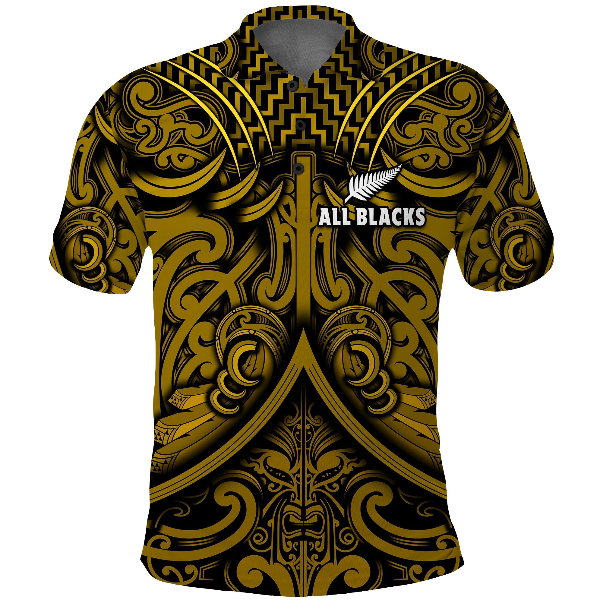 New Zealand Silver Fern Rugby Polo Shirt All Black Gold NZ Maori Pattern LT13 - Wonder Print Shop