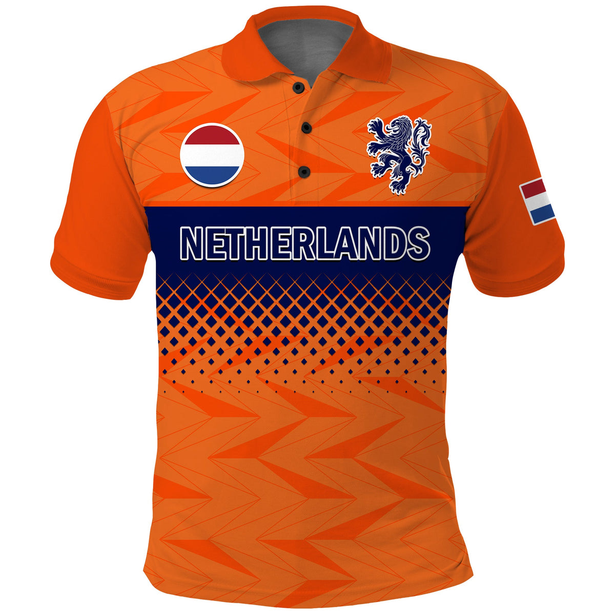 Orange Netherlands football polo shirt with crest, blue trim, and front “NETHERLANDS” print.