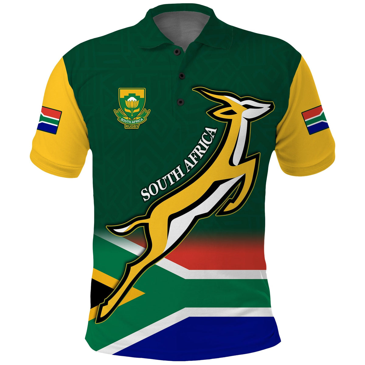 Green South Africa rugby polo with yellow sleeves, crest and Bokke front graphics.