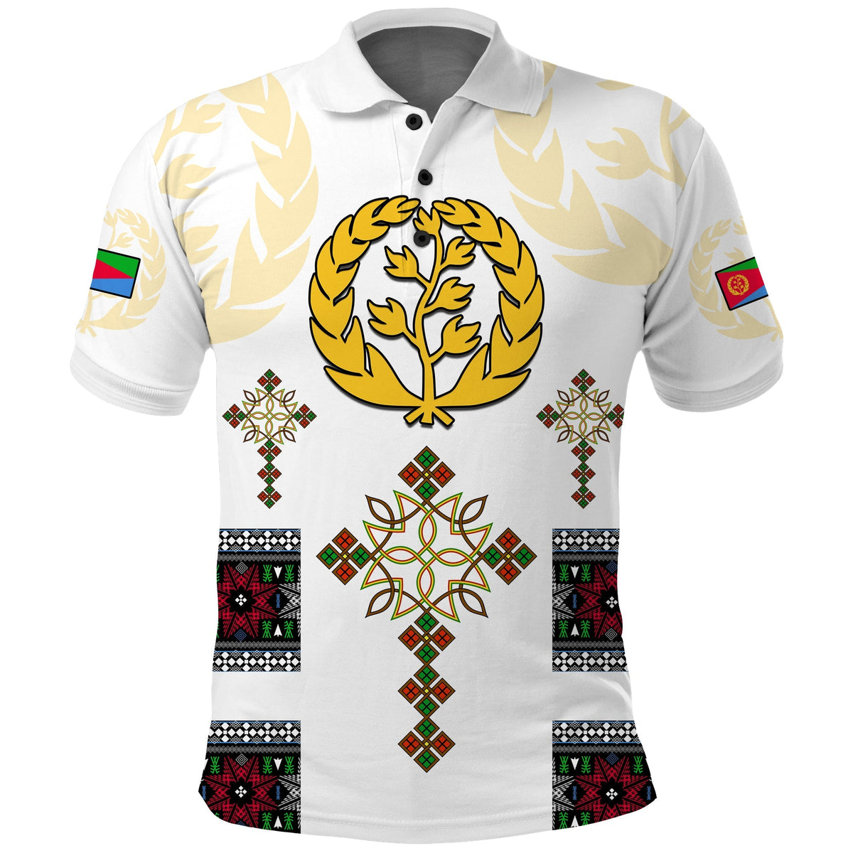 White Eritrea cross polo shirt with gold laurel tree and patterned cross panels