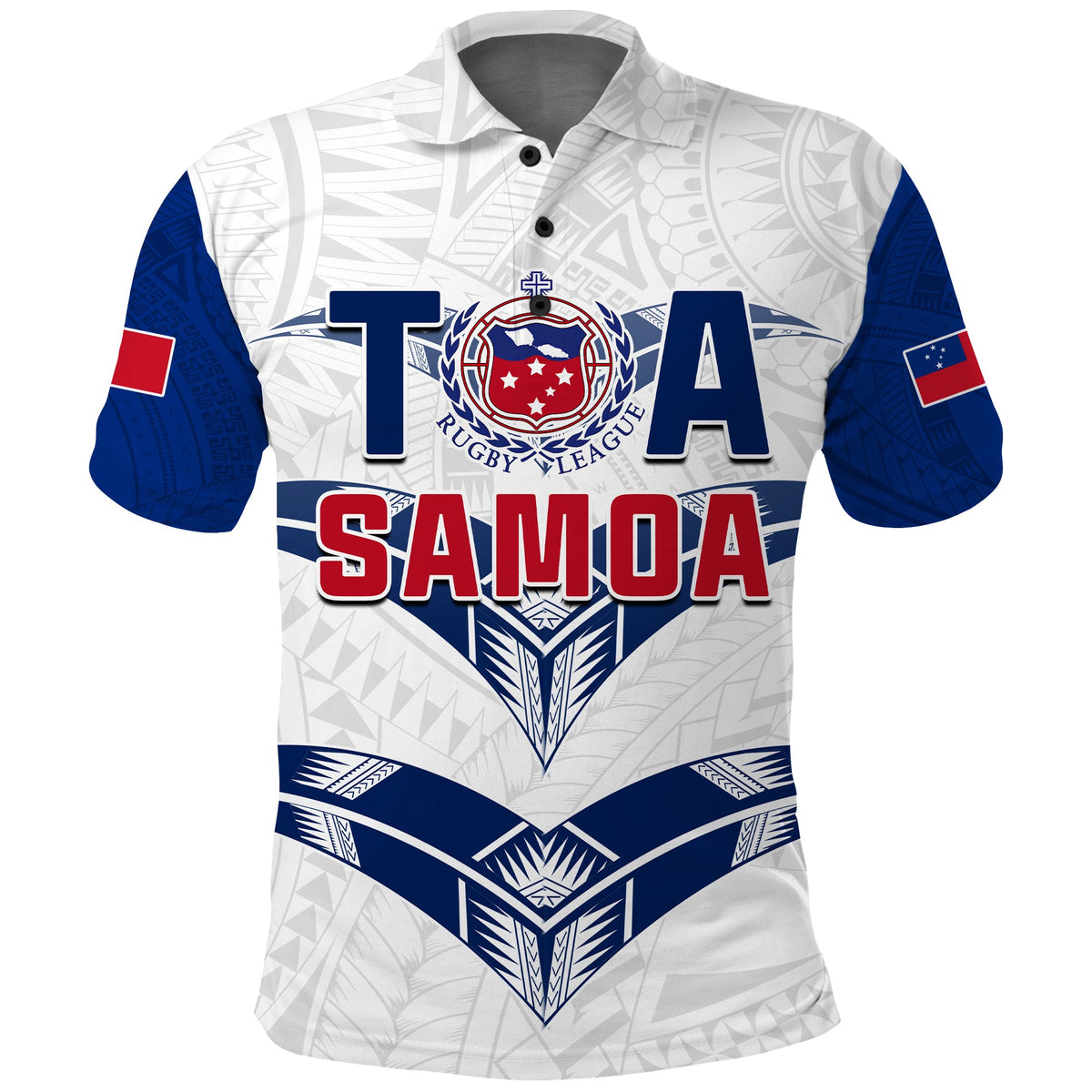 Rugby polo shirt in white with blue sleeves and Samoa emblem front graphic