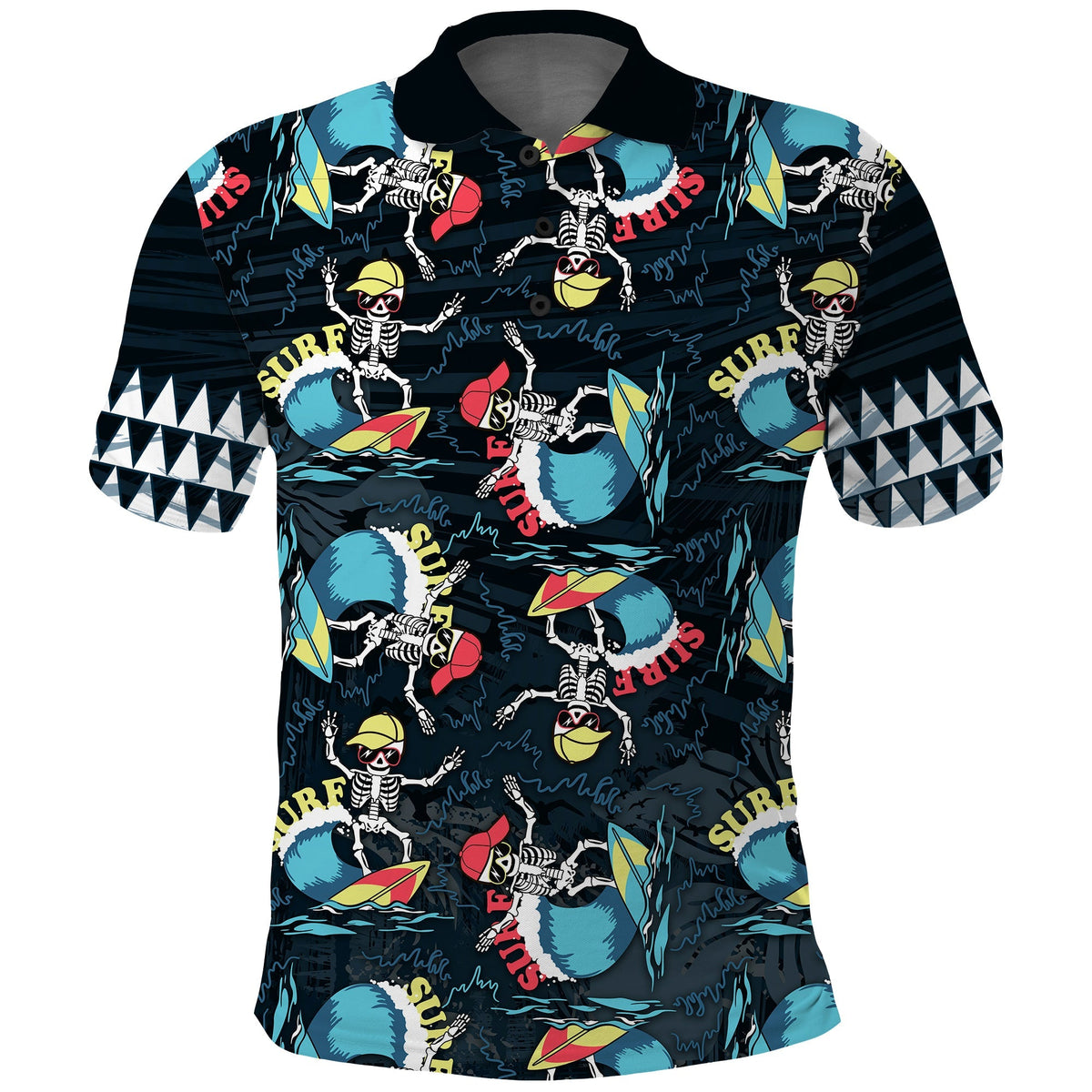 Black surf-themed polo shirt with skeleton and surfboard graphic print, short sleeves