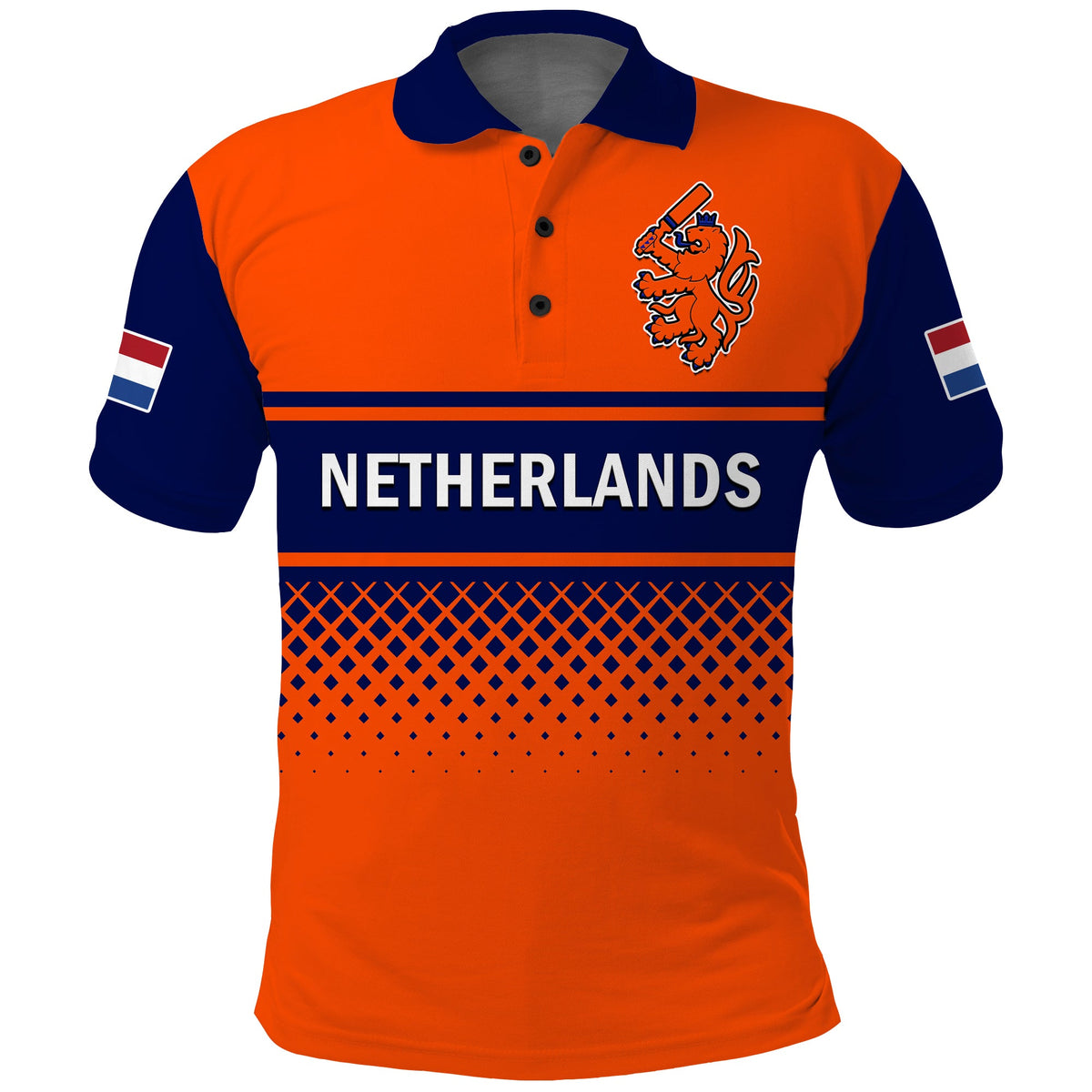 Cricket polo shirt in orange and navy with crest logo and striped chest band