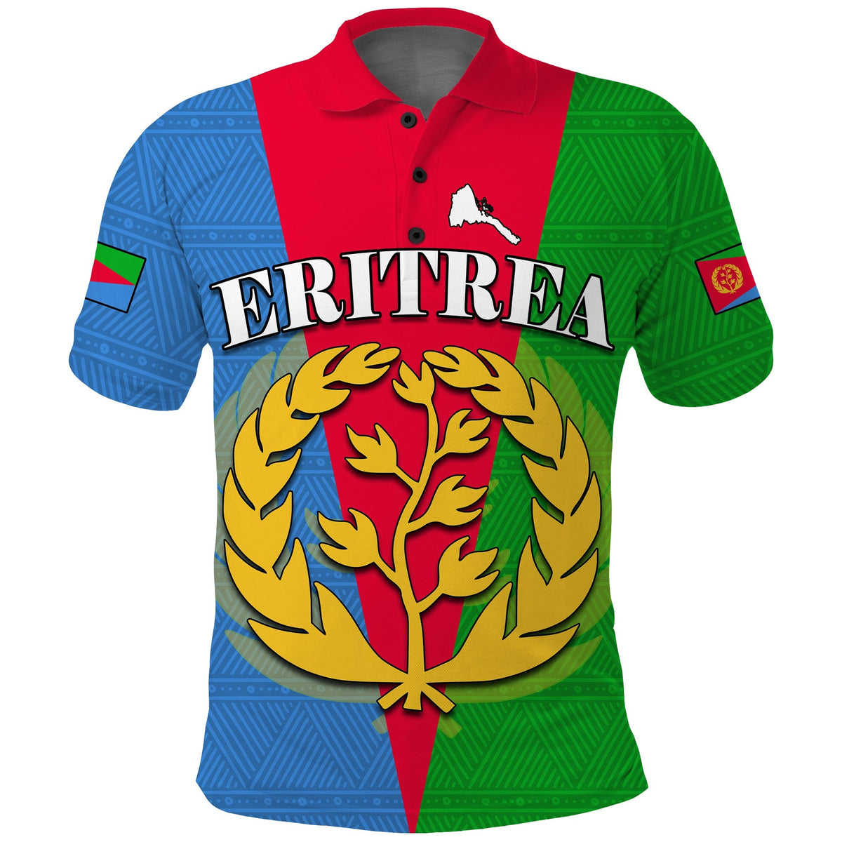 Eritrea polo shirt front with laurel tree graphic and “ERITREA” text over flag colors