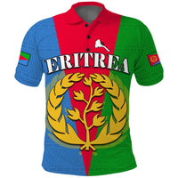 Eritrea polo shirt front with laurel tree graphic and “ERITREA” text over flag colors
