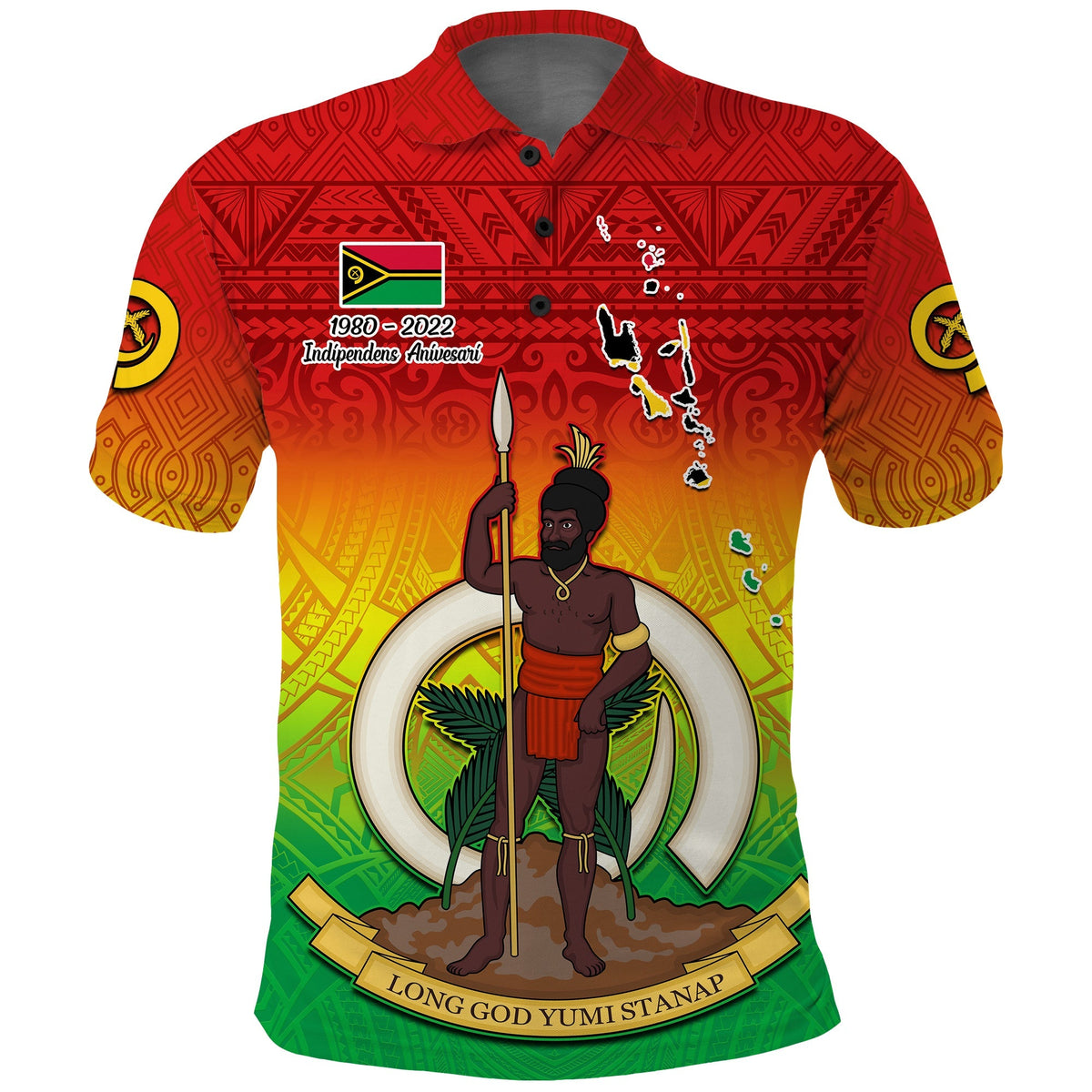 Red gradient polo shirt with Independence Anniversary graphic and flag emblem, front