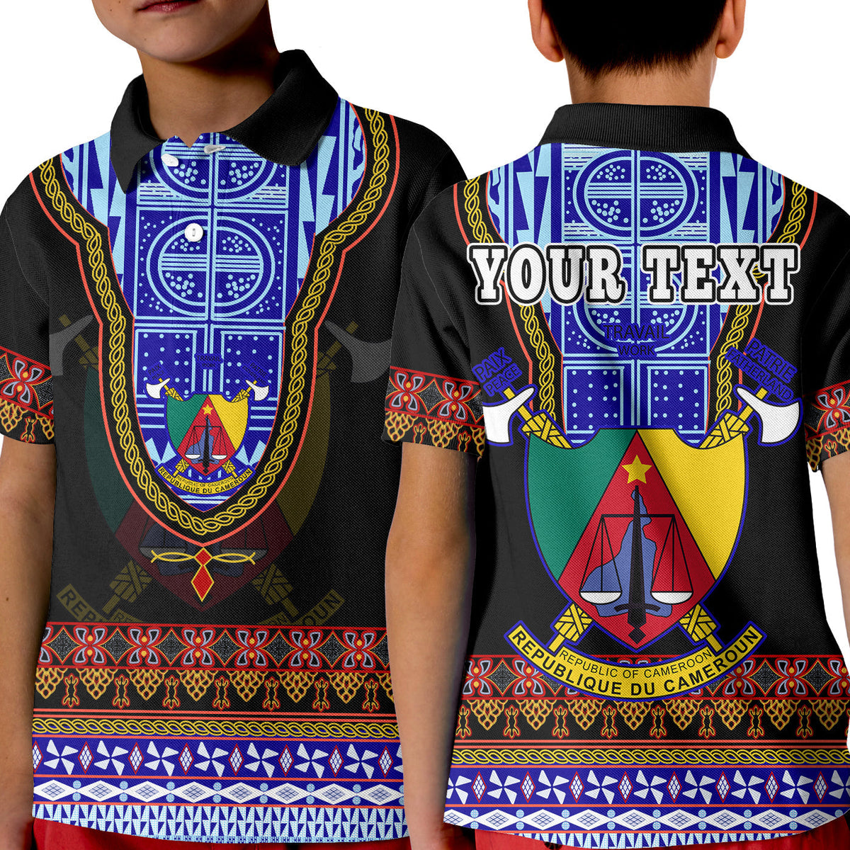 Kids black polo shirt: front shows Cameroon crest; back shows 'YOUR TEXT'