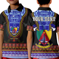 Kids black polo shirt: front shows Cameroon crest; back shows 'YOUR TEXT'