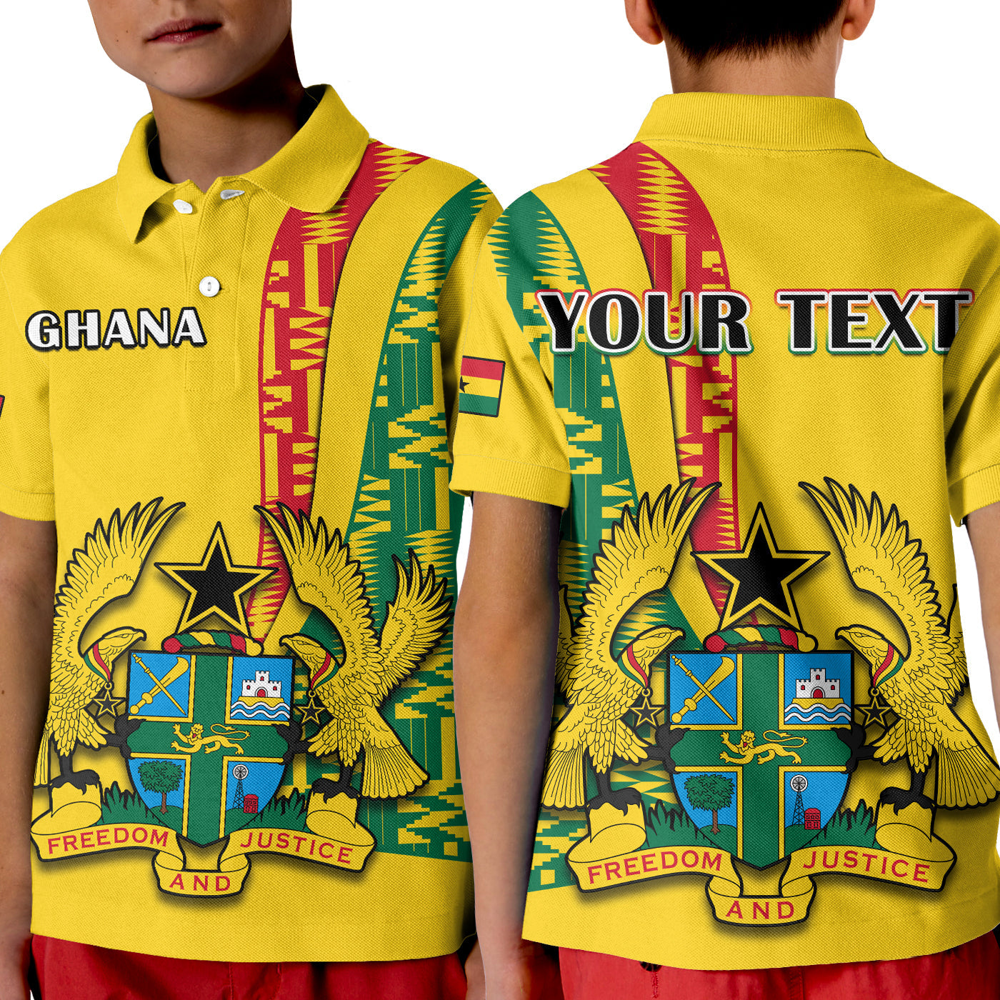 Custom Ghana Polo Shirt KID Ghanan Coat Of Arms Mix Kente Pattern - Wonder Print Shop