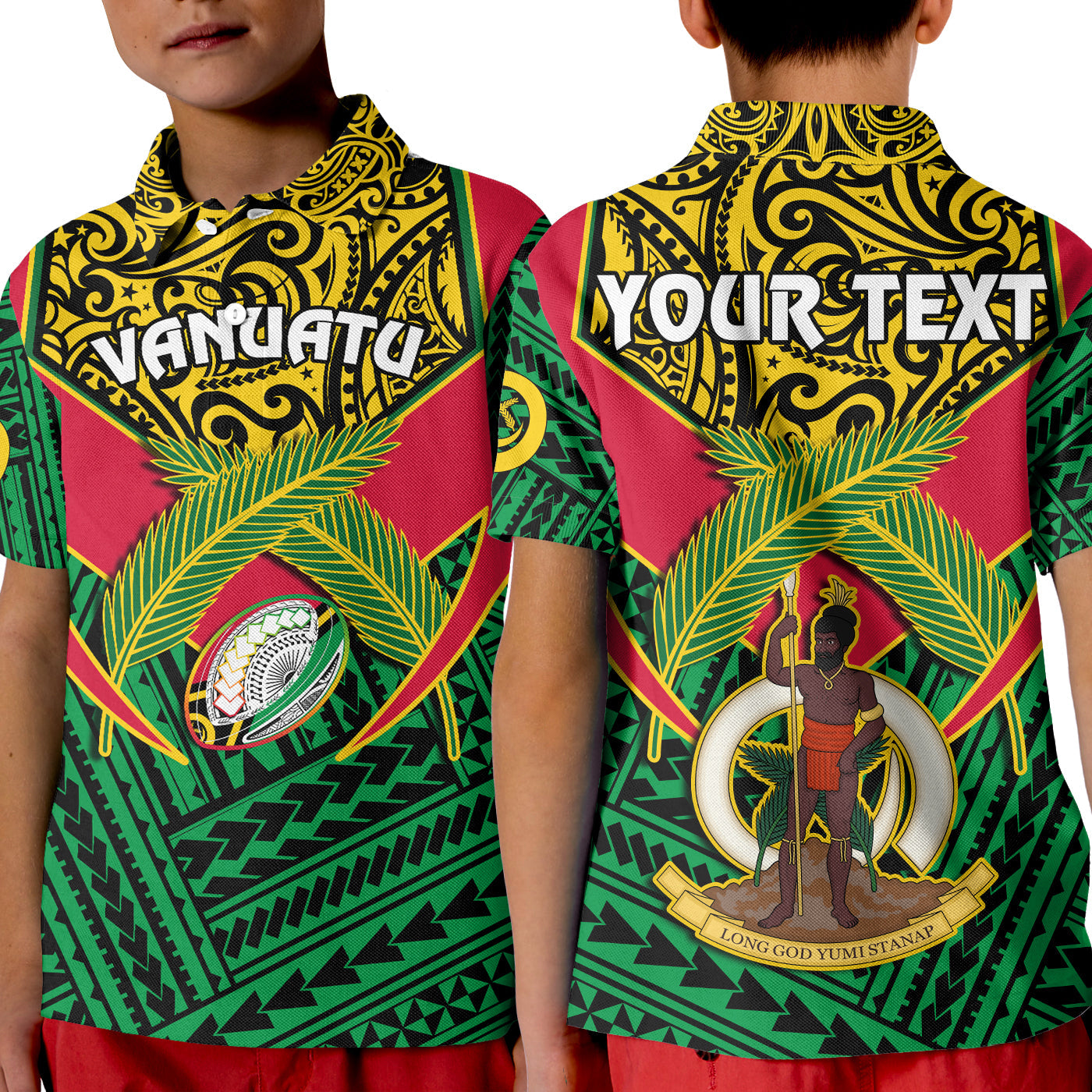 Custom Vanuatu Rugby Polo Shirt KID Coat Of Arms Polynesian Pattern - Wonder Print Shop