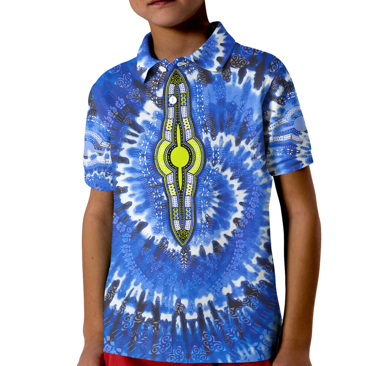 Kids blue tie-dye polo shirt with button placket and embroidered graphic