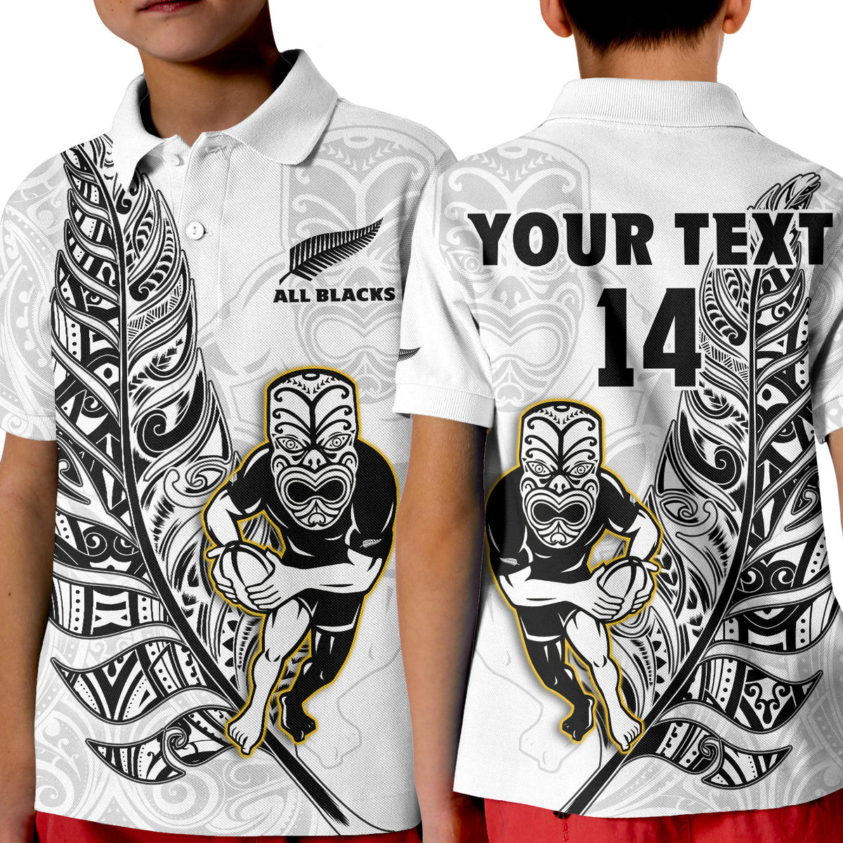 White kids rugby polo shirt with Maori tribal print, All Blacks crest, and number 14