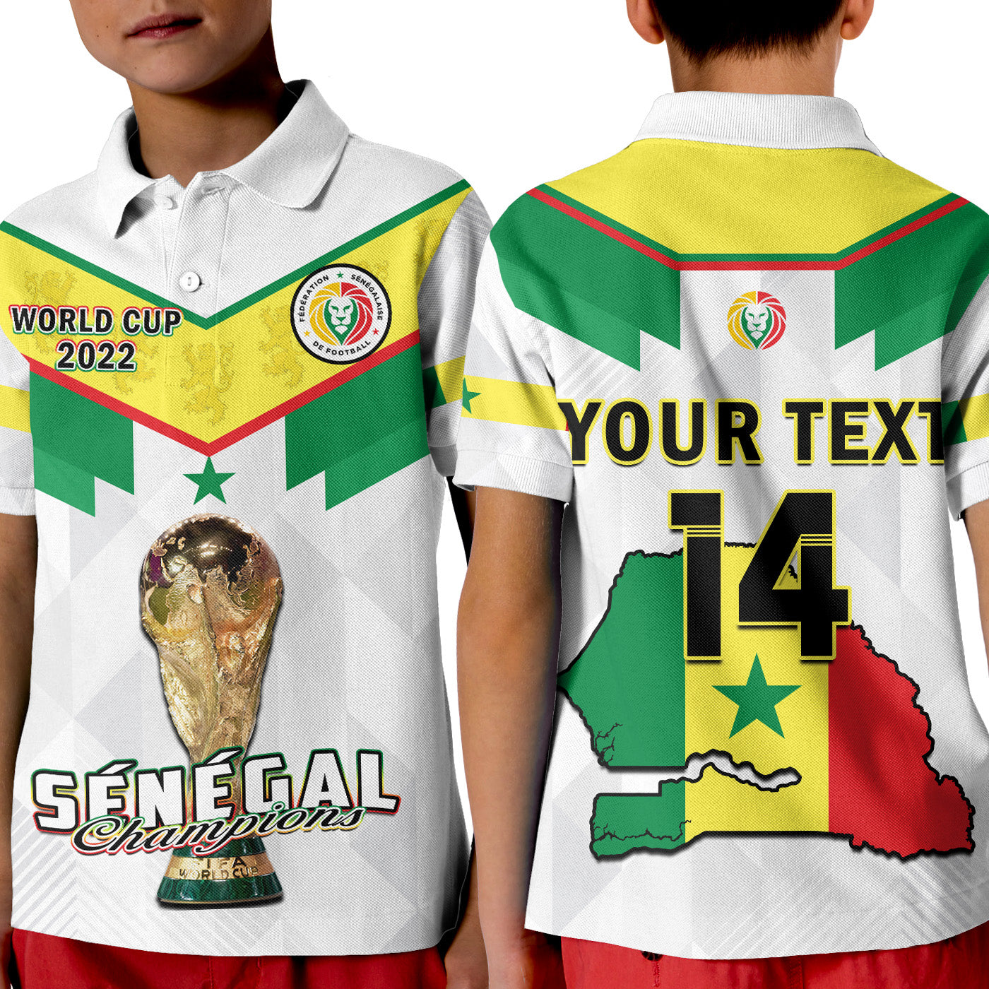 (Custom Text And Number) Senegal Football Polo Shirt KID Champions WC 2022 - Wonder Print Shop