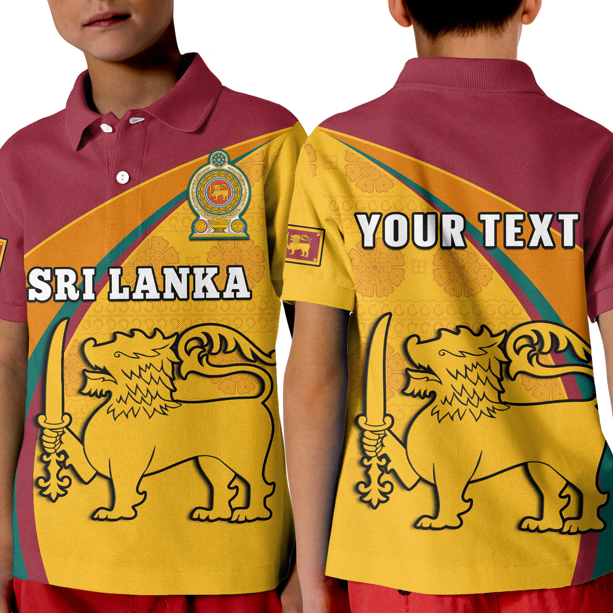Kids polo shirt in dark red with yellow front graphic and rear text panel