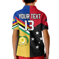 Kids polo shirt back with custom text and number 13, multicolor panels