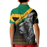 Back view kids lion polo with 'Jamaica' print, tribal stripe hem and green collar