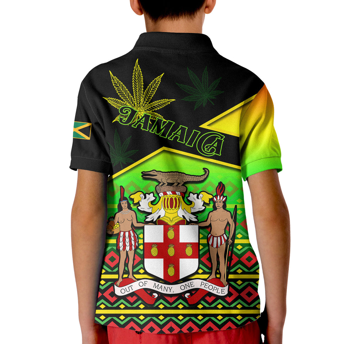 Kids black polo, back crest with Jamaica text, cannabis leaf accents and multicolor pattern