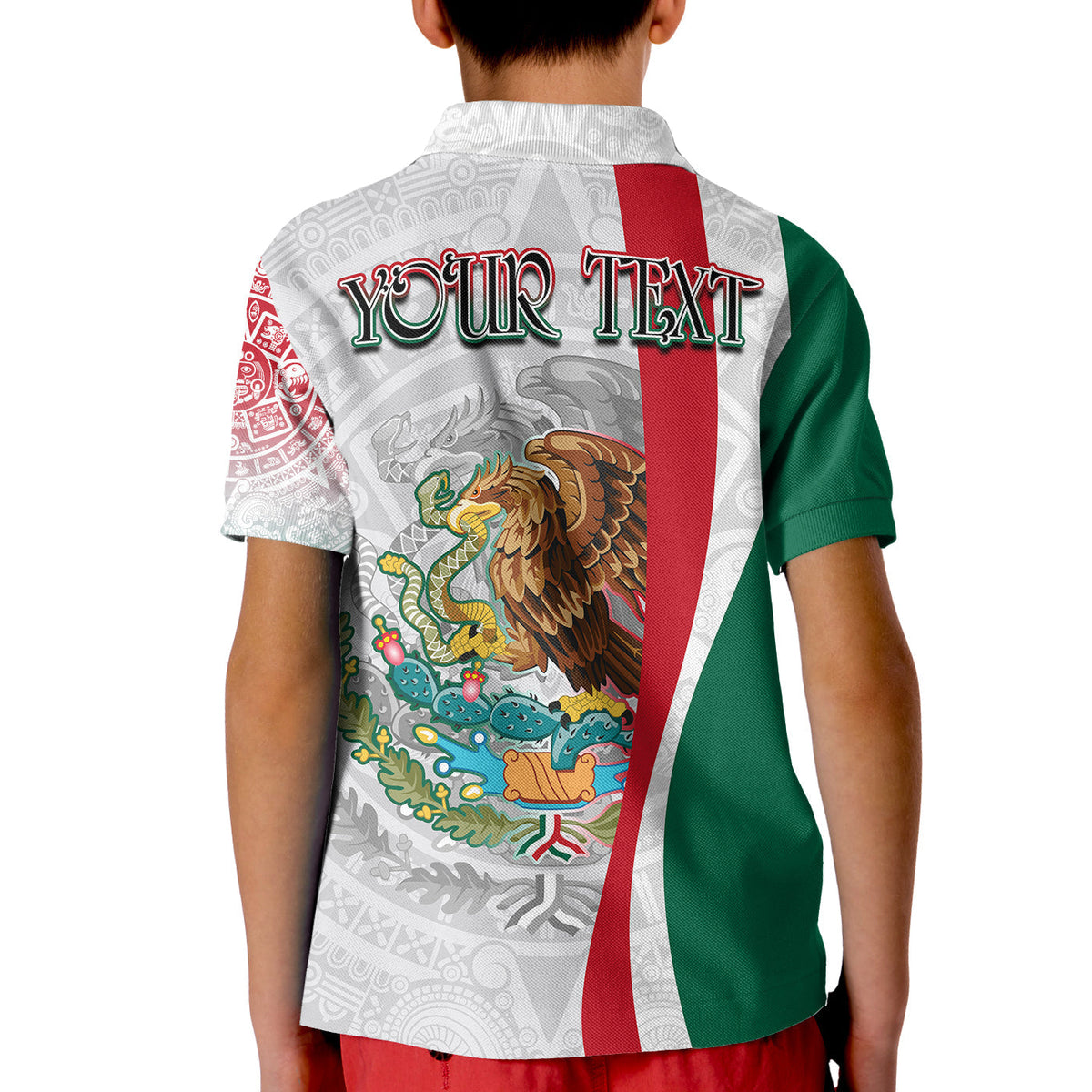 Kids polo shirt back, white with Mexico stripe, eagle graphic and custom text
