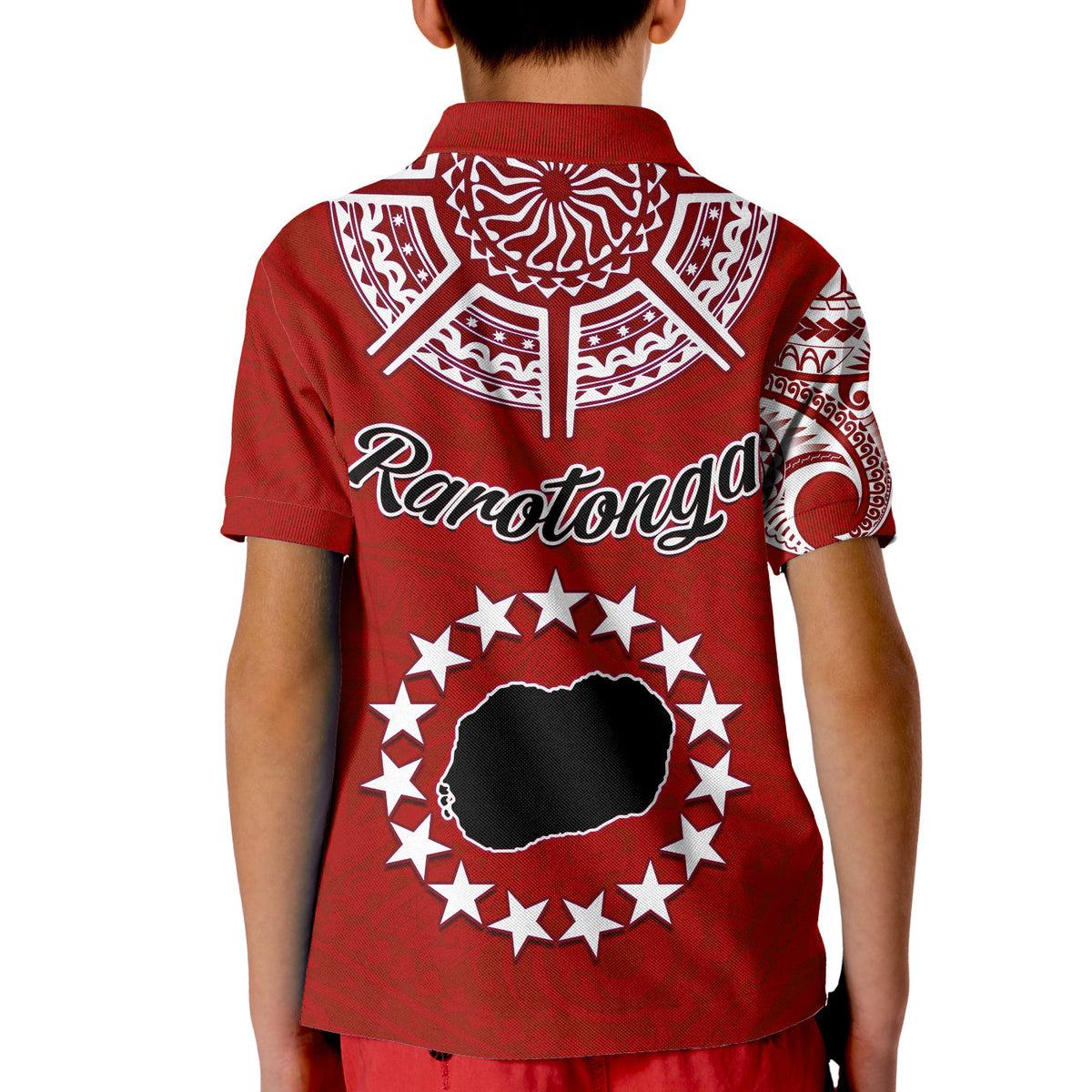 Youth red polo back with Rarotonga script and white star-ring map graphic