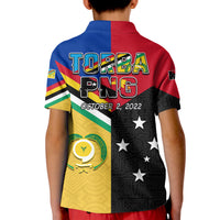 Kids multicolor polo shirt with 'TORBA PNG' and 'OCTOBER 2, 2022' on back panel