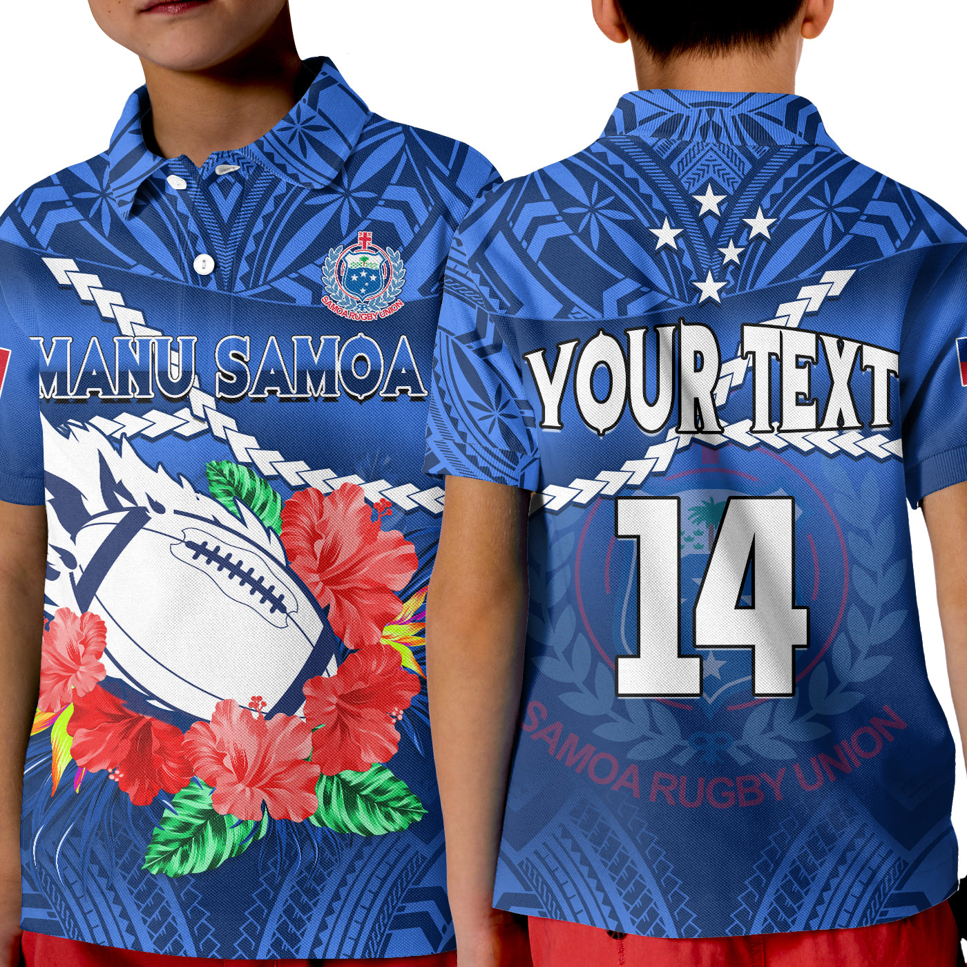 (Custom Text And Number) Samoa Rugby Polo Shirt KID Manu Samoa Polynesian Hibiscus Blue Style - Wonder Print Shop