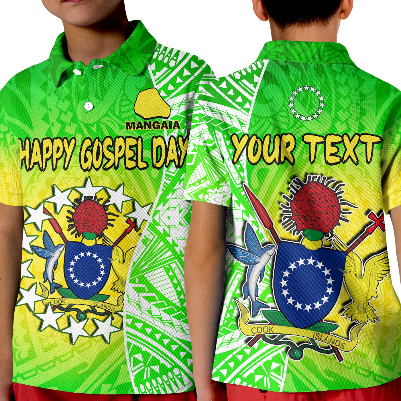 Custom Happy Mangaia Gospel Day Polo Shirt KID Cook Islands Coat Of Arms Polynesian Pattern - Wonder Print Shop